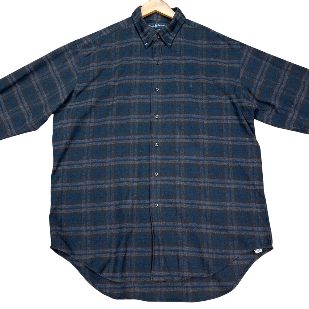 Ralph Lauren Button Down Shirt Mens Large Blue Gray Plaid Flannel Marlowe PONY